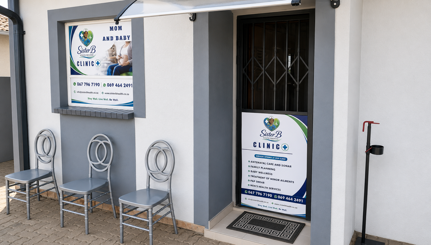 SisterB Clinic entrance with Mom and Baby signage and waiting chairs