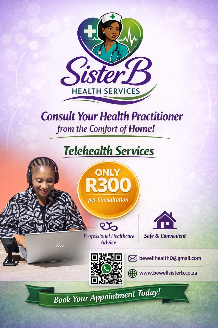 Telehealth service poster offering consultations from home at R300 per consultation