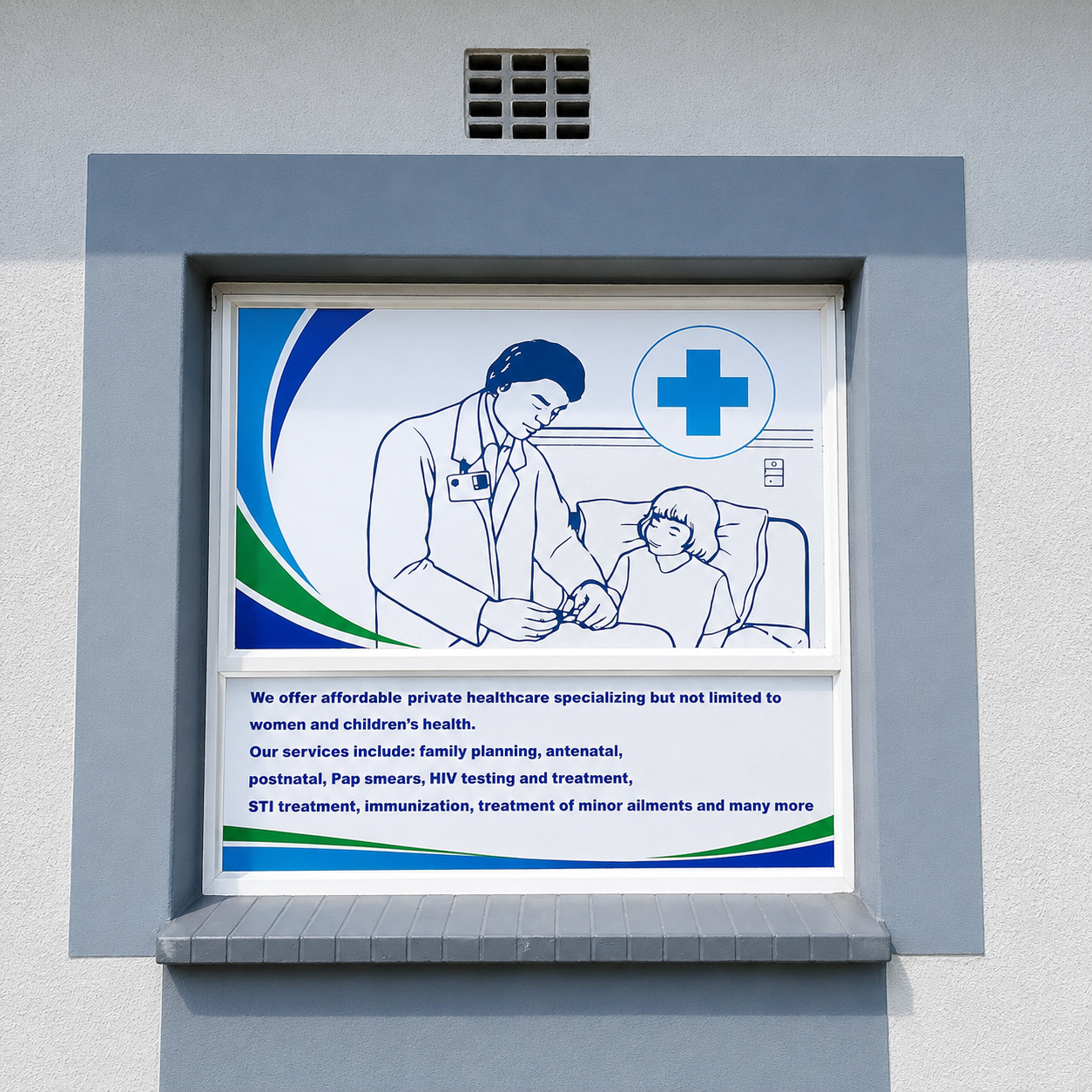 Illustrated SisterB window panel describing affordable private healthcare for women and children